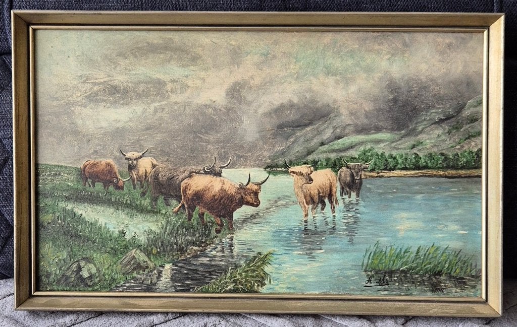 Antiek schilderij "kudde Schotse Hooglanders aan het plas"., Antiek en Kunst, Kunst | Schilderijen | Klassiek, Ophalen of Verzenden