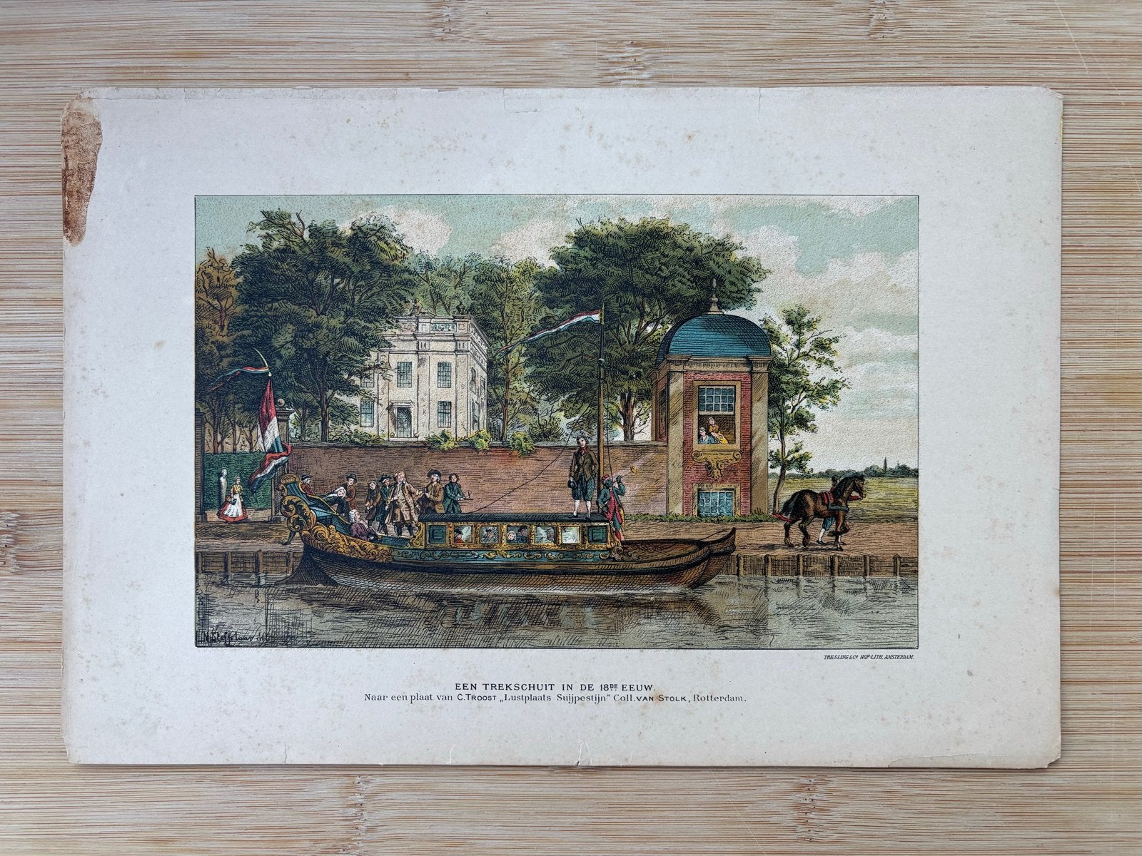 Antieke prent trekschuit 18e eeuw - C. Troost, Ophalen of Verzenden