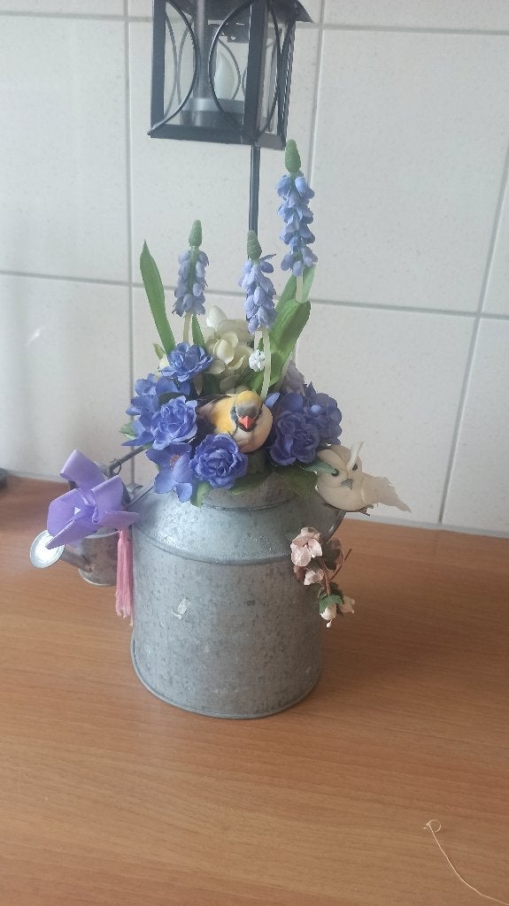 Melkbus met decoratie en lantaarntje voor kunstwaxinelichtje, Ophalen of Verzenden, Gebruikt, Metaal