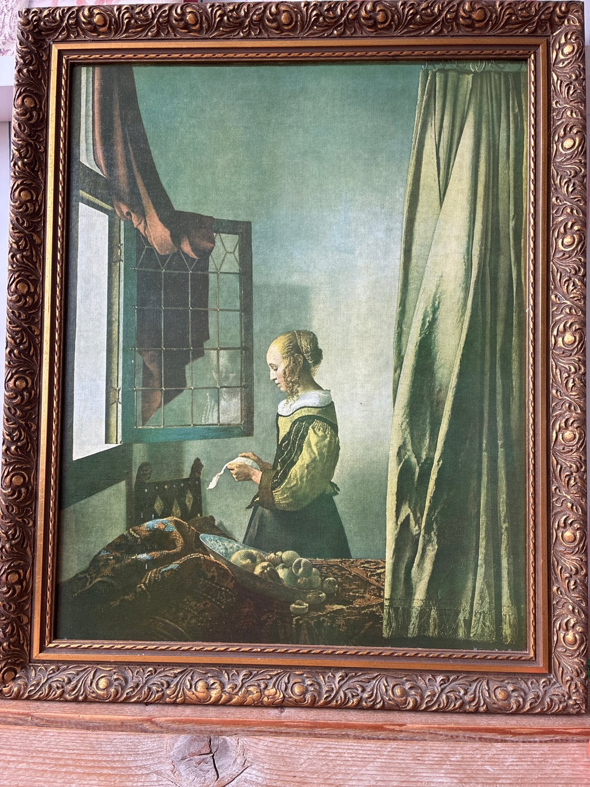Reproductie Vermeer's 'Brieflezend meisje', decoratieve lijs, Antiek en Kunst, Kunst | Schilderijen | Klassiek, Ophalen, Doek