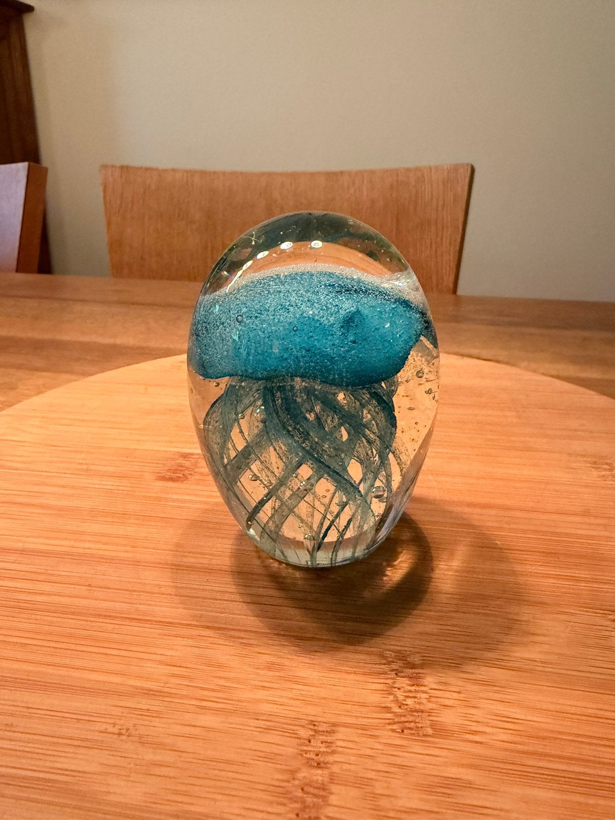 Vintage glazen press papiere met kwal jellyfish turkoise, Ophalen of Verzenden, Gebruikt