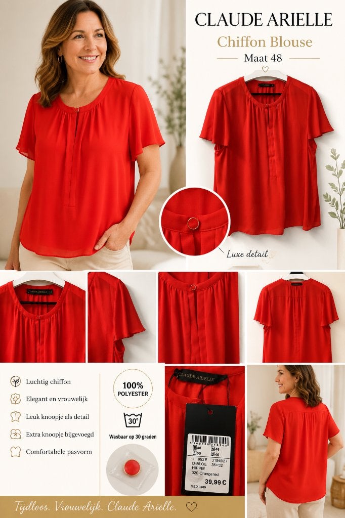 ️ Chique rode chiffon blouse van Claude Arielle  maat 48 ️, Maat 46/48 (XL) of groter, Nieuw, Ophalen of Verzenden, Claude Arielle