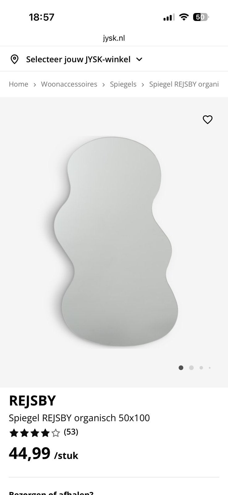 Jysk spiegel nieuw, Ophalen, Minder dan 50 cm, Nieuw, Minder dan 100 cm
