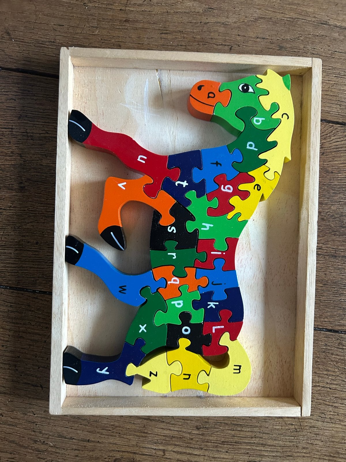 Houten paardenpuzzel met letters, 10 tot 50 stukjes, Ophalen of Verzenden, Zo goed als nieuw, Van hout