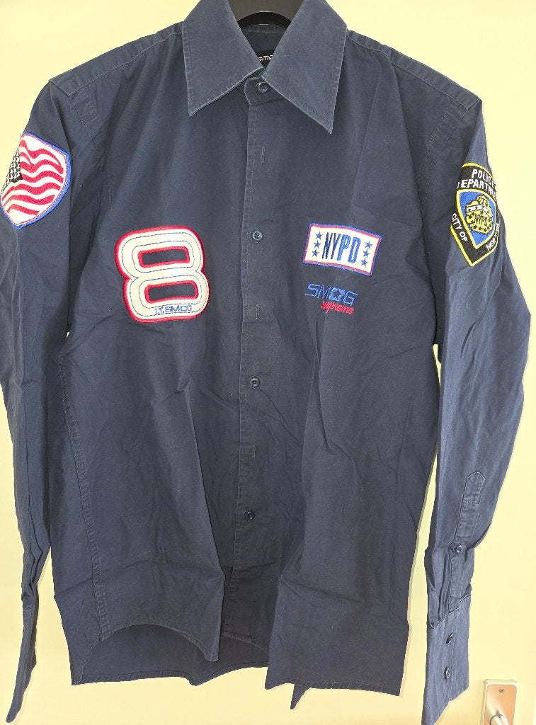 Smog Nypd swat logo's overhemd maat L, valt als M, Blauw, Gedragen, Halswijdte 39/40 (M), Smog