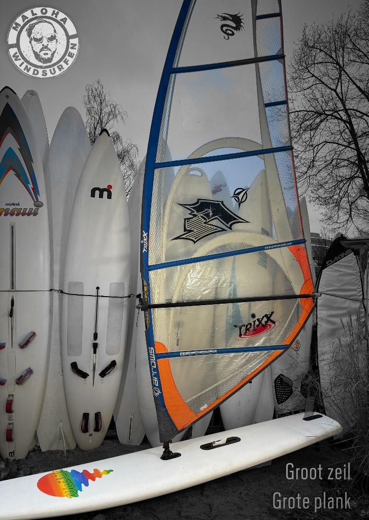 Tweedehands windsurfsets voor beginners en herintreders, Watersport en Boten, Ophalen, Gebruikt, Met draagtas, Minder dan 5 m²