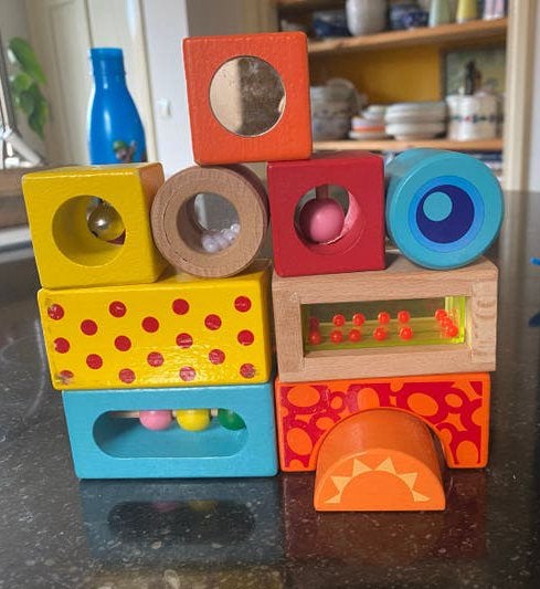 Eichhorn Houten Stapelblokken met Geluid en Spiegeltje, Ophalen of Verzenden, Gebruikt, Overige typen, Met geluid