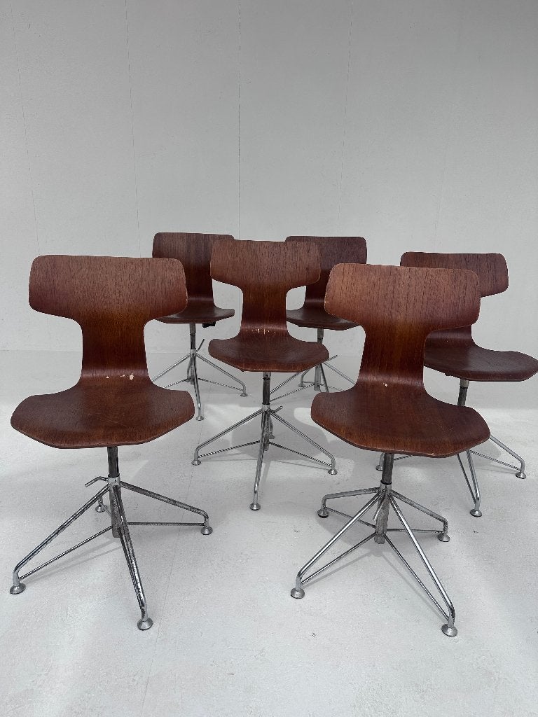 Set van 6 Arne Jacobsen Stoelen, Gebruikt, Bruin, Ophalen of Verzenden, Vijf, Zes of meer stoelen