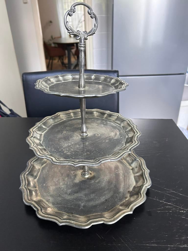 Vintage etagère 3laags zilverkleurig brocante serveerschaal, Ophalen, Gebruikt