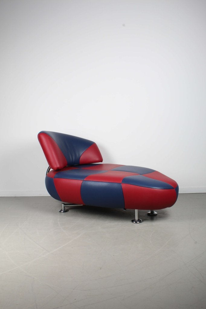 1x Leolux Kikko Chaise Longue Blauw/Rood Leer – Chroom