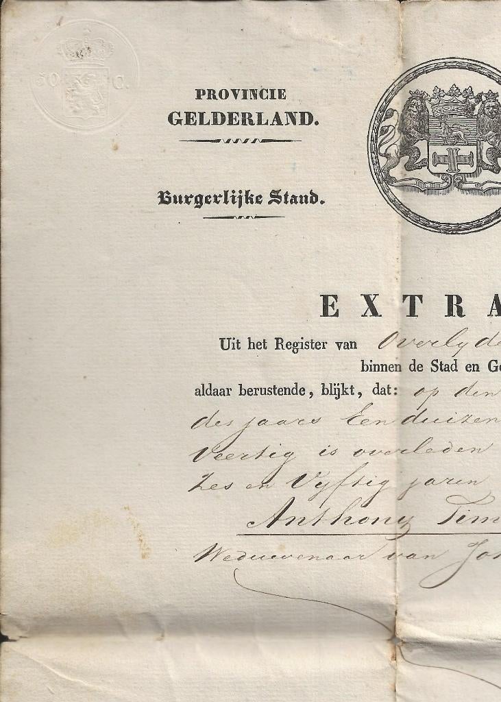 Zutphen Overlijdensakte Anthony Timan 18 nov 1840, Ophalen of Verzenden, Voor 1920, Gelopen, Gelderland
