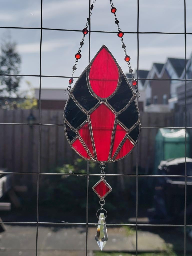 Glas-in-lood Hanger Rood Zwart met Kristal, Ophalen of Verzenden