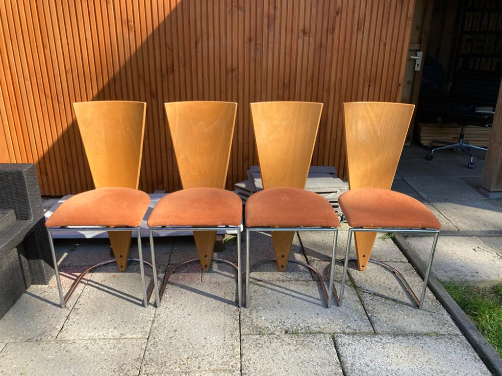 Set van 4 Harvink Zino jaren ‘80 eetkamerstoelen, Huis en Inrichting, Stoelen, Gebruikt, Vier, Hout, Metaal, Stof, Overige kleuren