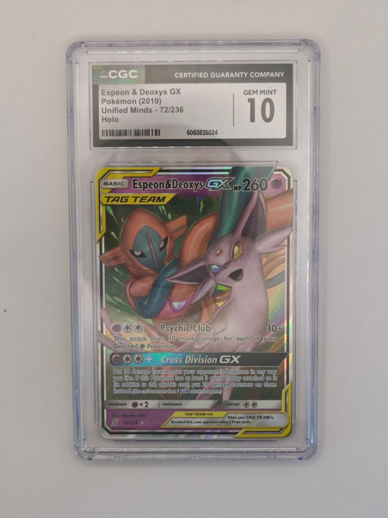 Espeon & Deoxys GX Pokémon Kaart CGC Gem Mint 10 Holo, Ophalen of Verzenden, Zo goed als nieuw, Losse kaart, Foil