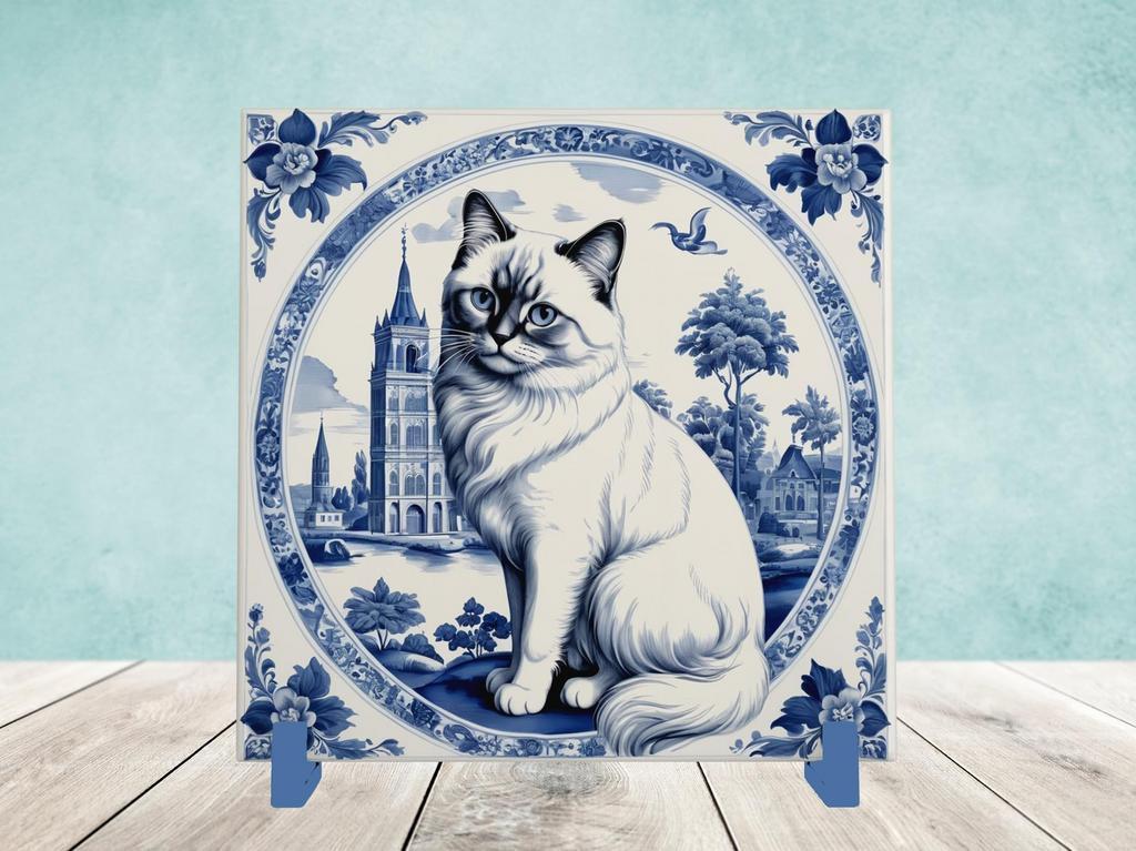 Heilige Birmaan Delfts Blauwe tegel incl houder, Ophalen of Verzenden, Nieuw