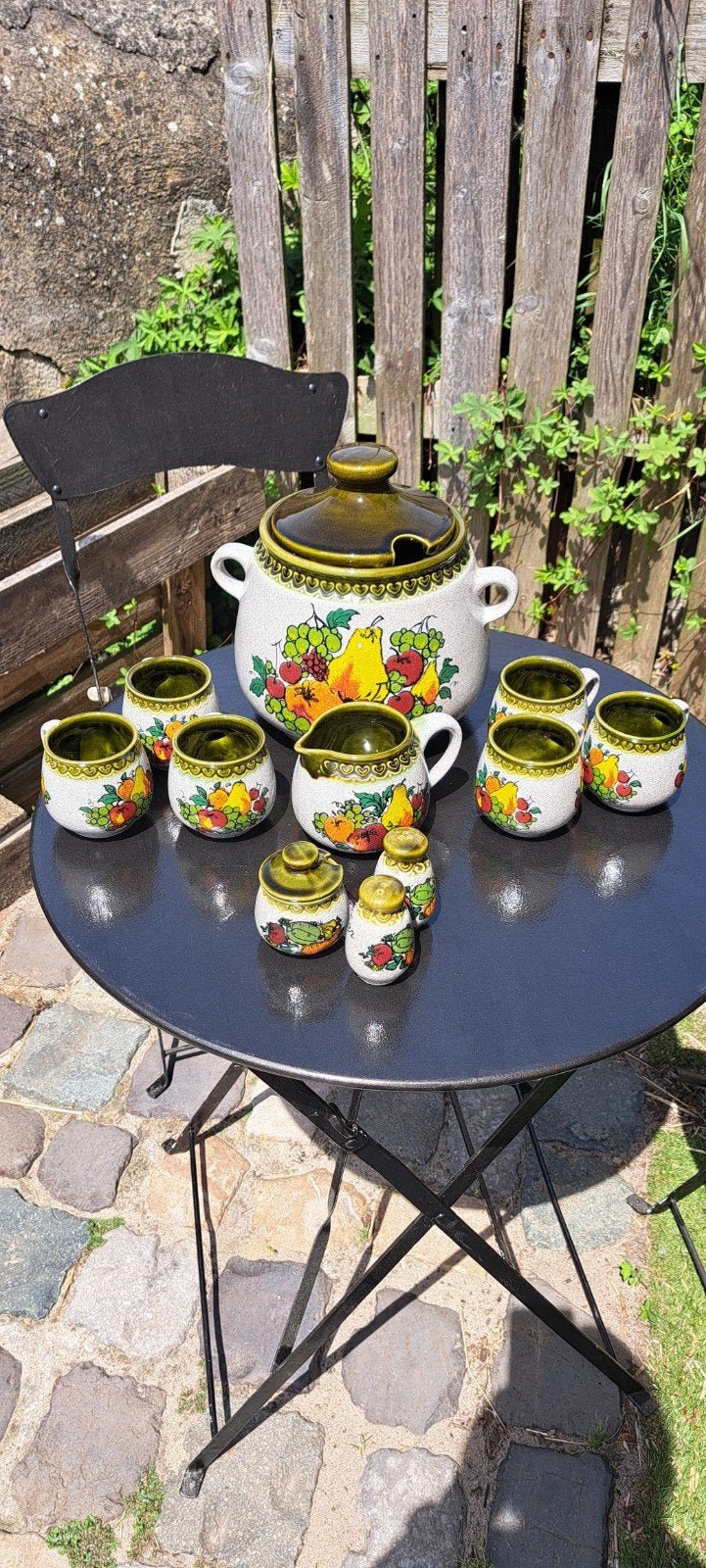 Vintage jaren '70 soepstel met peper, zout en mosterdpot, Gebruikt, Keramiek, Ophalen of Verzenden, Overige stijlen