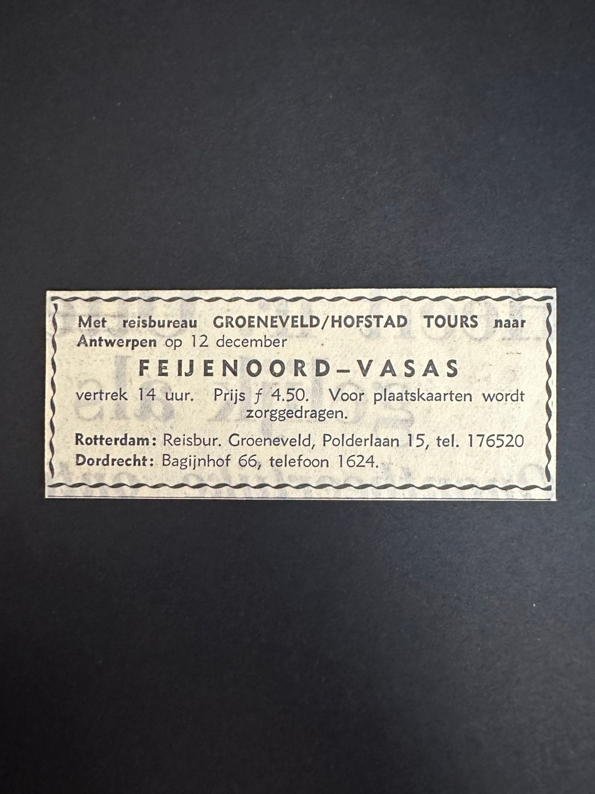 Voetbal reklame Feyenoord Vasas december 1962, Verzamelen, Ophalen of Verzenden, 1960 tot 1980, Tijdschrift