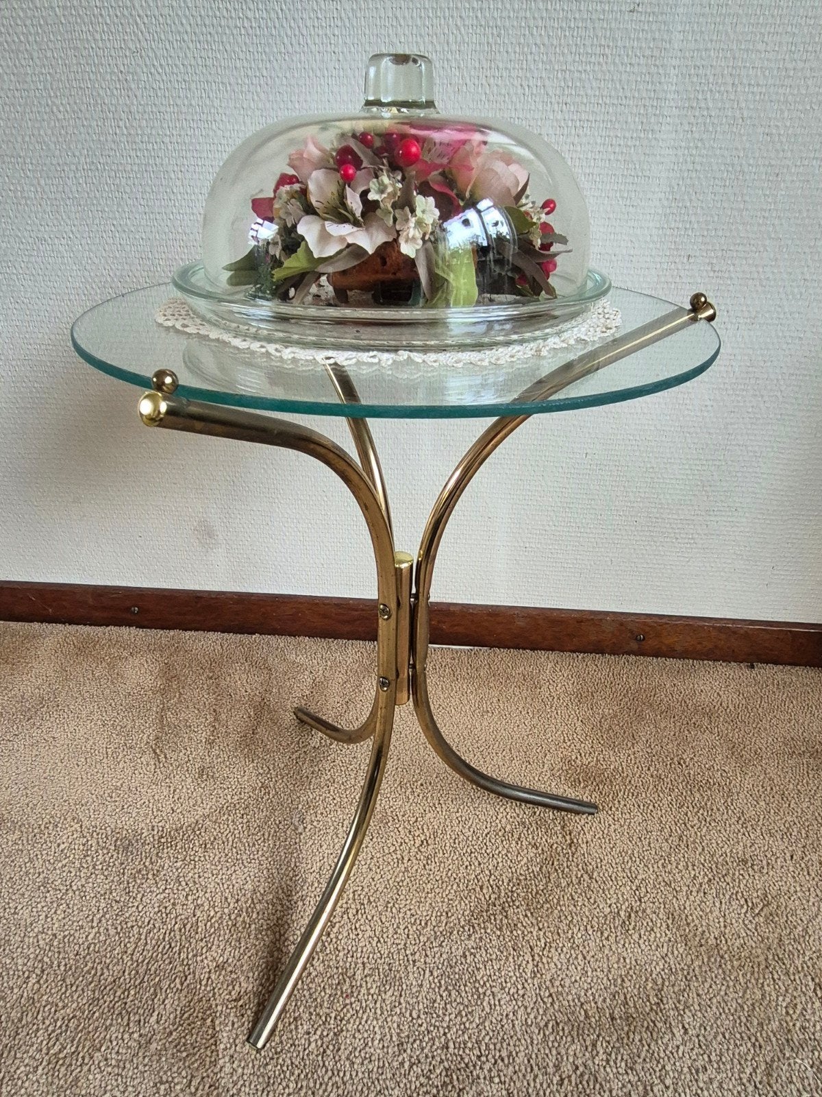 Messing bijzettafel met glasplaat - Hoogte 45cm, Ophalen, Gebruikt, Rond, 45 tot 60 cm