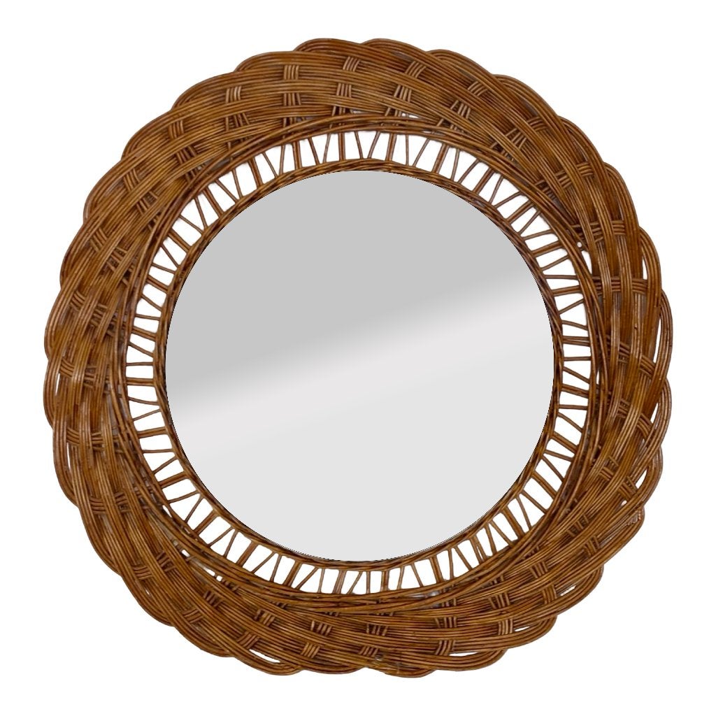 Vintage XL rotan riet spiegel, 60's design, Vintage spiegel, Ophalen of Verzenden, Zo goed als nieuw, 75 tot 100 cm