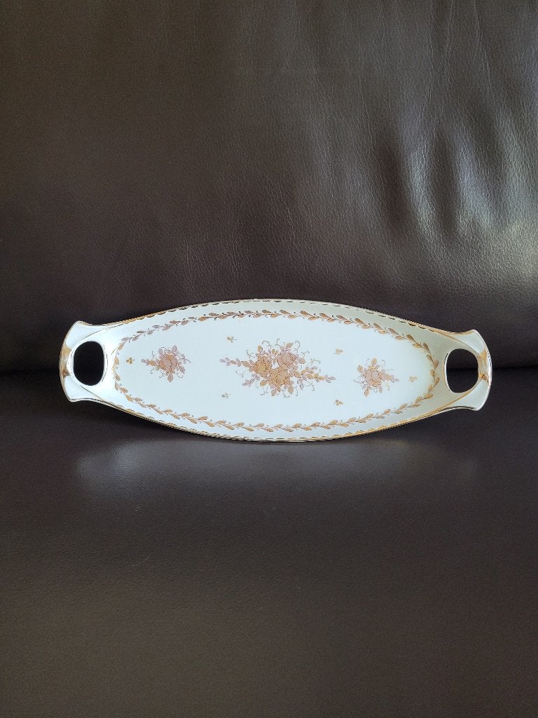 Vintage Limoges serveerschaal met handvatten en gouddecor, Ophalen of Verzenden