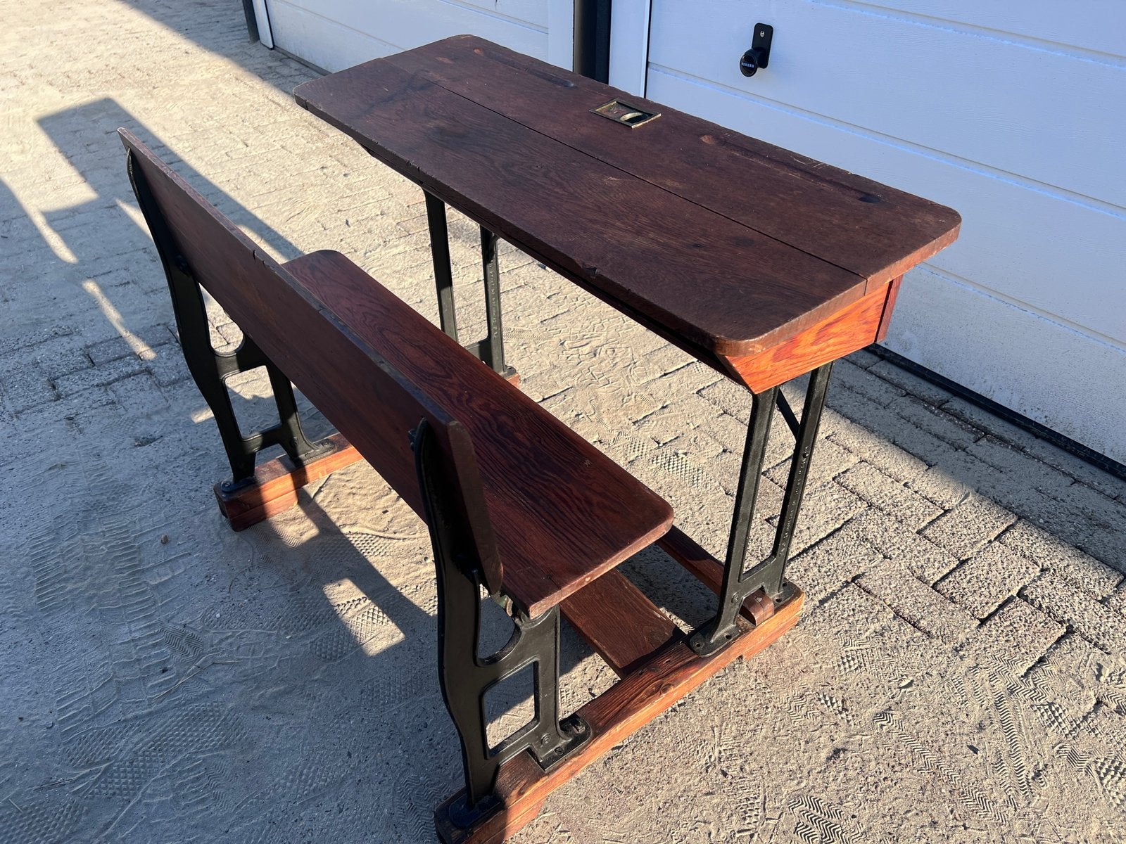Antieke schoolbank met bankje - Vintage houten bureau, Antiek en Kunst, Ophalen