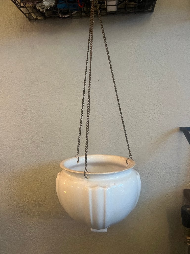 Vintage retro hangende bloempot keramiek wit plantenpot pot, Tuin en Terras, Rond, Ophalen of Verzenden, Zo goed als nieuw, Balkon