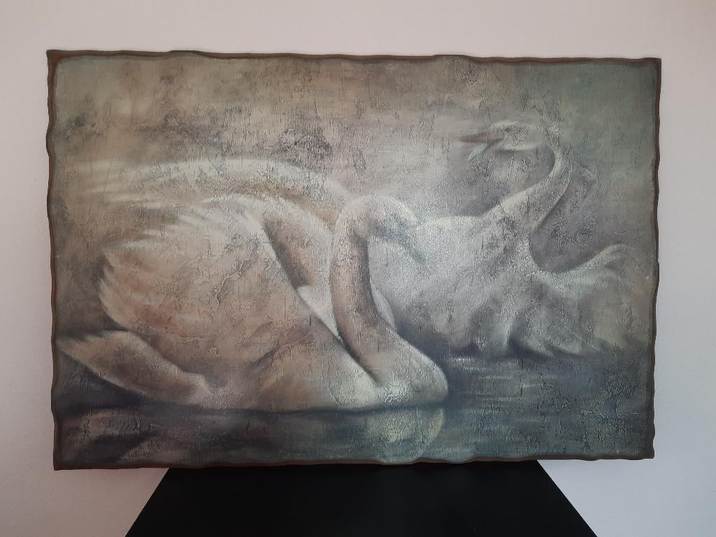 Schilderij 2 zwanen 60 x 90 T.e.a.b., Antiek en Kunst, Kunst | Schilderijen | Klassiek, Ophalen