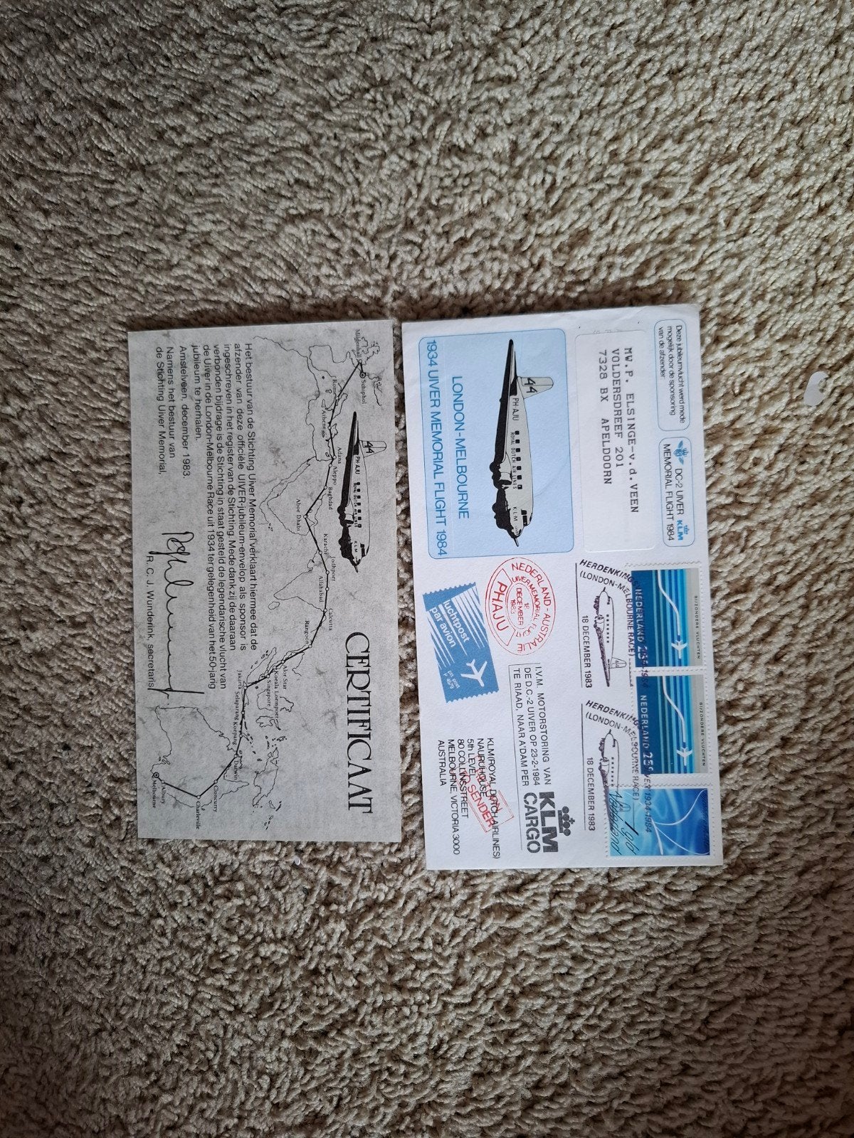 1e Dag Envelop met Certificaat Uiver Memorial Flight 1984, Verzenden