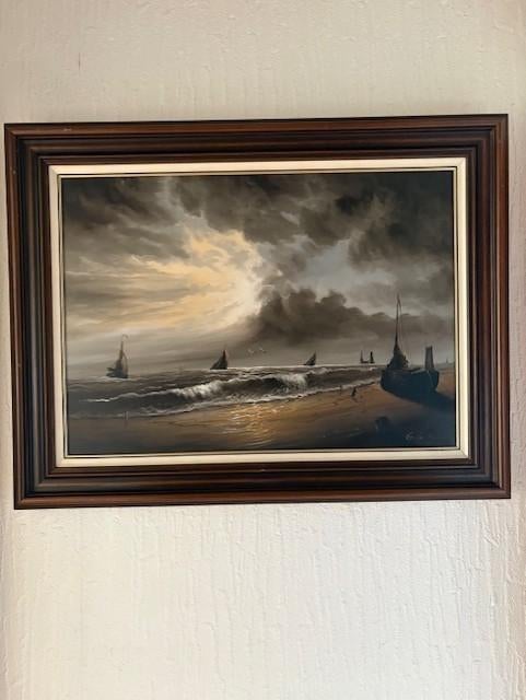 Zeegezicht....'Katwijkse tjalken aan de kust' ..G. de Rooy, Ophalen