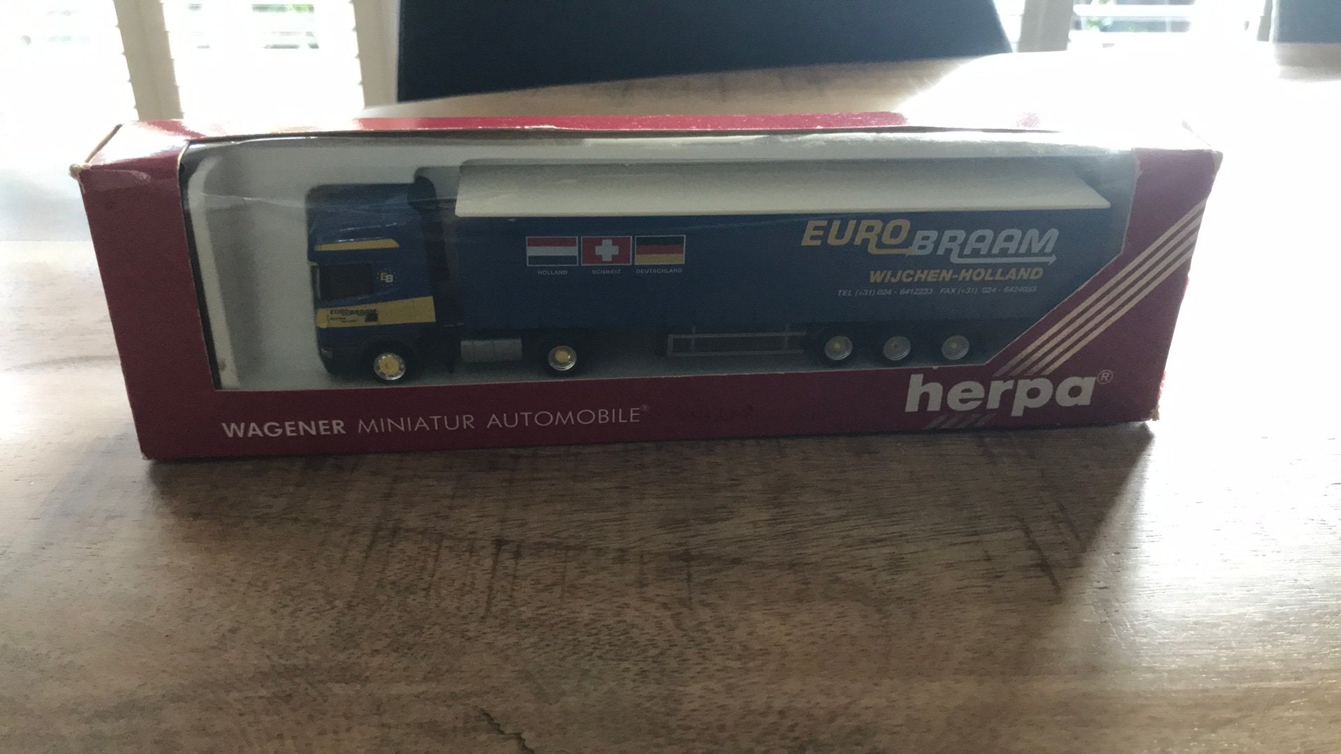 Euro Braam Wijchen  Scania Herpa origineel doos €22,50 ex v, Ophalen of Verzenden, Nieuw, Bus of Vrachtwagen, Herpa