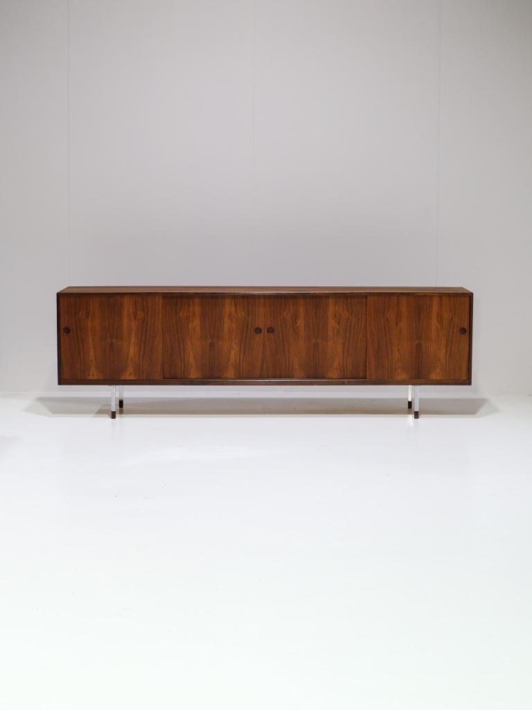 Lang dressoir lowboard palissander chroom vintage Deens, Ophalen, Met deur(en), -, -