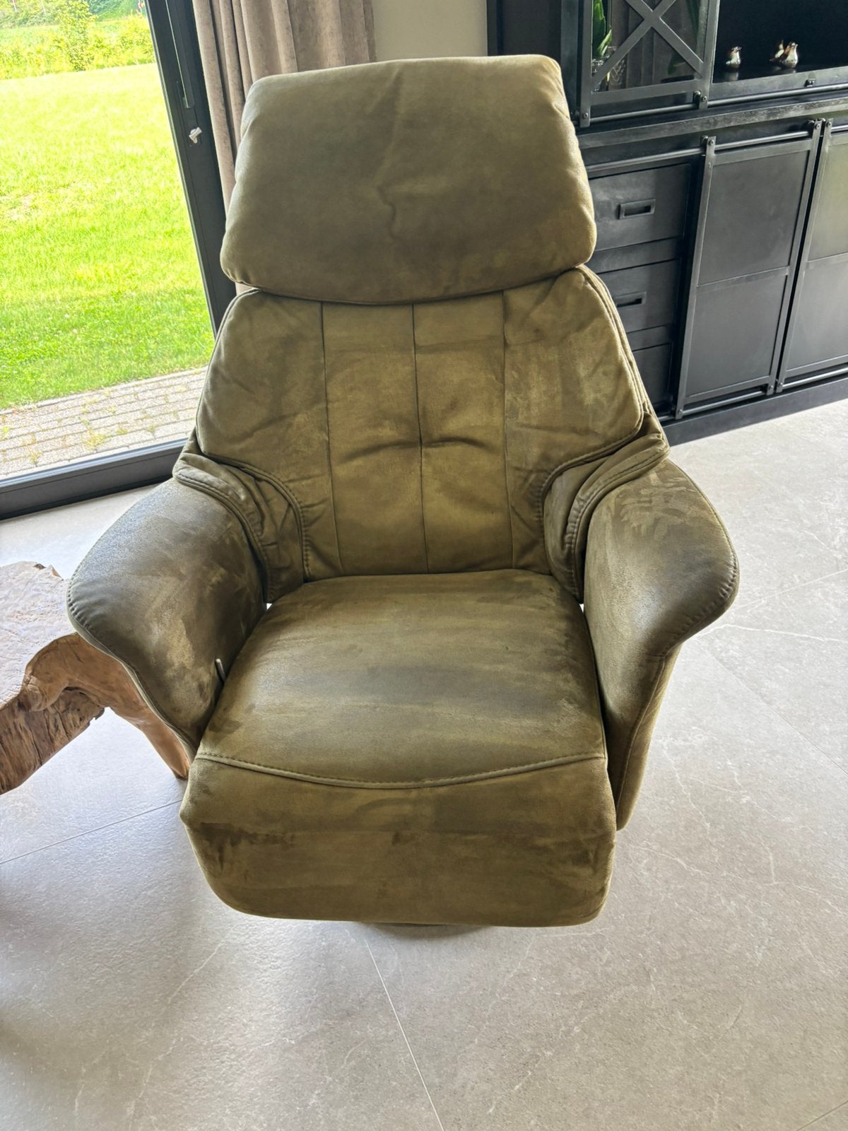 Luxe relaxfauteuil- stoere olijfgroene lederen uitvoering, Ophalen, Minder dan 75 cm, Leer, Zo goed als nieuw