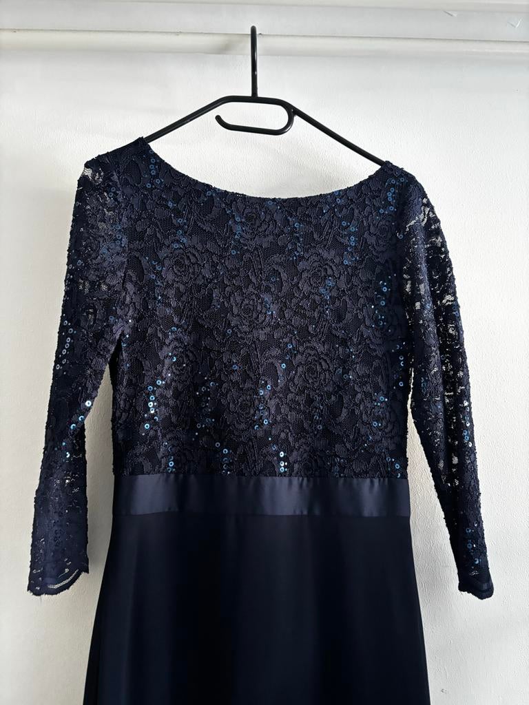 Donkerblauwe galajurk met pailletten, Galajurk, Blauw, Ophalen of Verzenden, Zo goed als nieuw