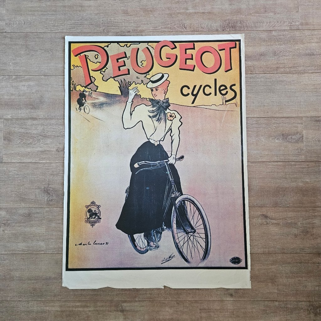 Vintage Peugeot Cycles Poster 109x79 cm - Charles Lucas 1897, Ophalen of Verzenden, A1 t/m A3, Reclame, Rechthoekig Staand