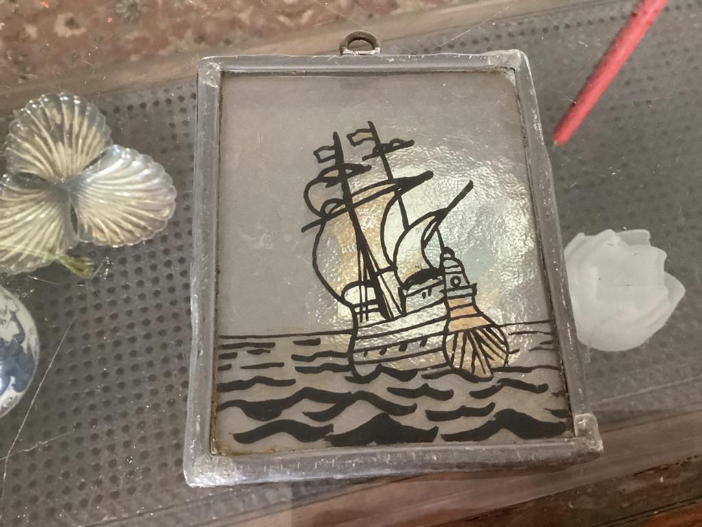 Koopvaardij schip // glas in lood // 12x9.5 cm, Ophalen of Verzenden