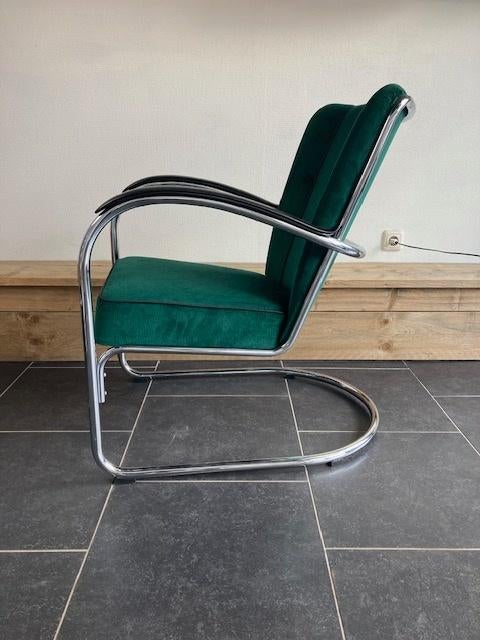 Gispen 412 fauteuil, chroom, nieuwe donkergroene ribstof, Huis en Inrichting, Fauteuils, Design, 75 tot 100 cm, Zo goed als nieuw