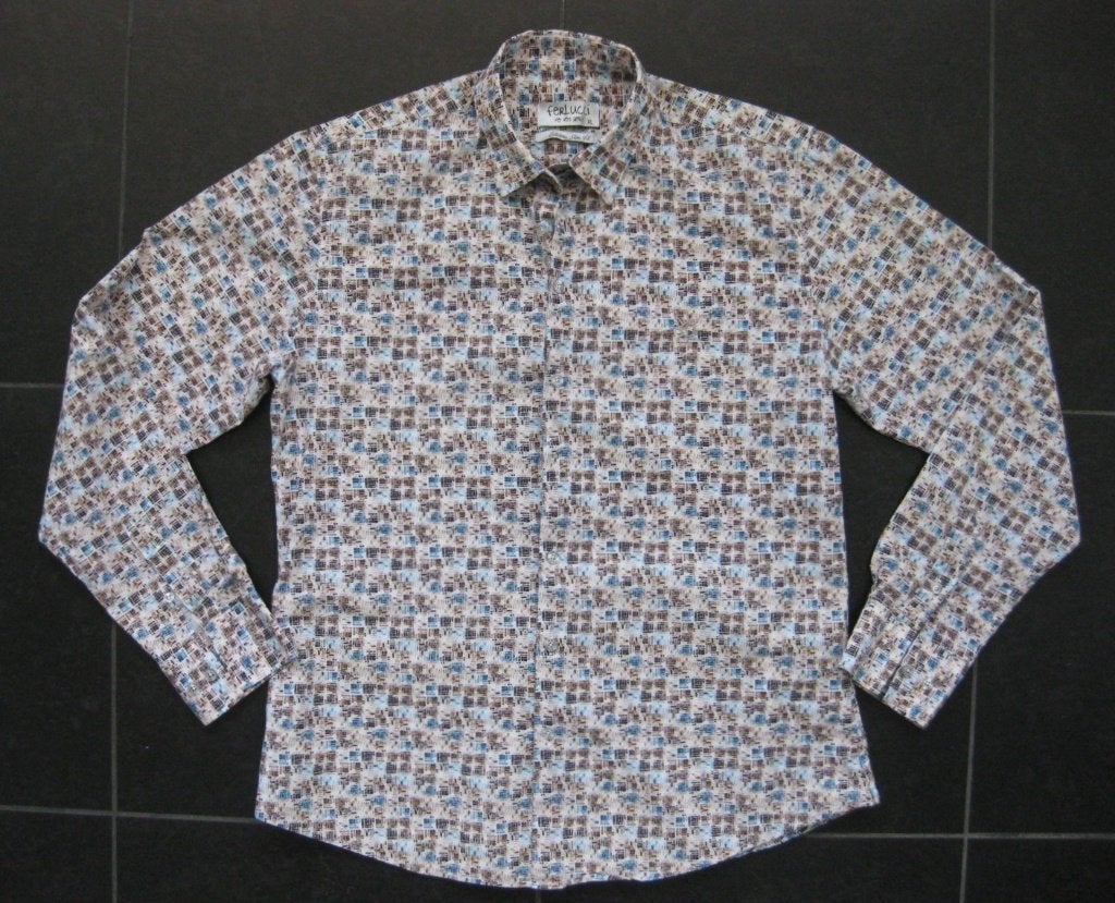 Ferlucci overhemd in bruin blauwe print, maat XL getailleerd, Ferlucci, Meerkleurig, Ophalen of Verzenden, Zo goed als nieuw