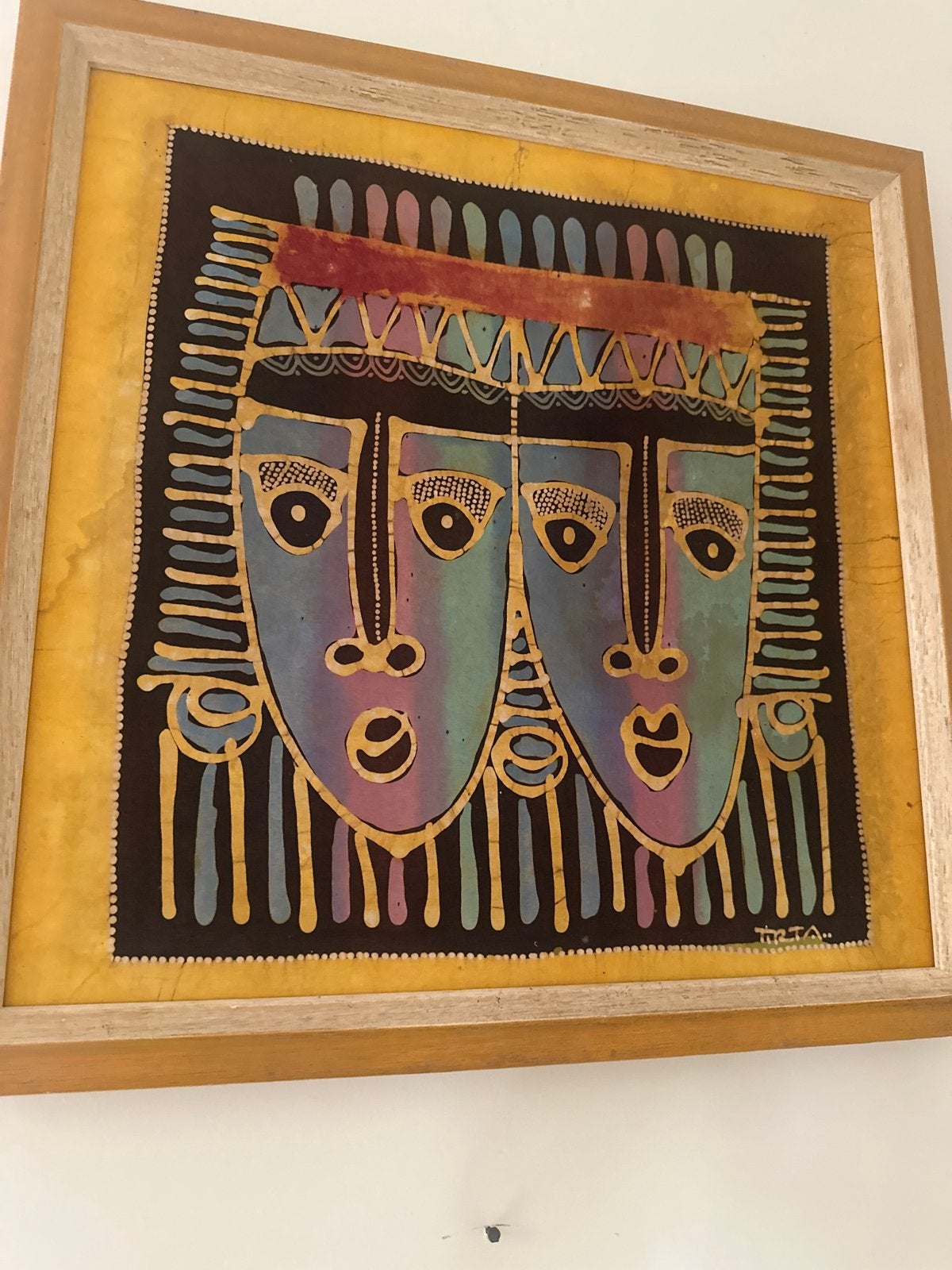 Doek in lijst - Afrikaanse maskers - 44 cm, Ophalen, Figuren, Ingelijst, Overige technieken