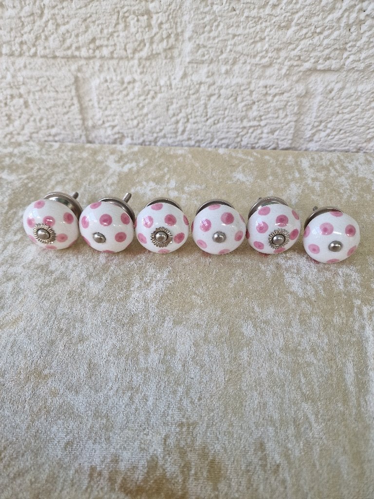 6x kastknop keramiek roze stippen set, Ophalen of Verzenden, Koper of Messing