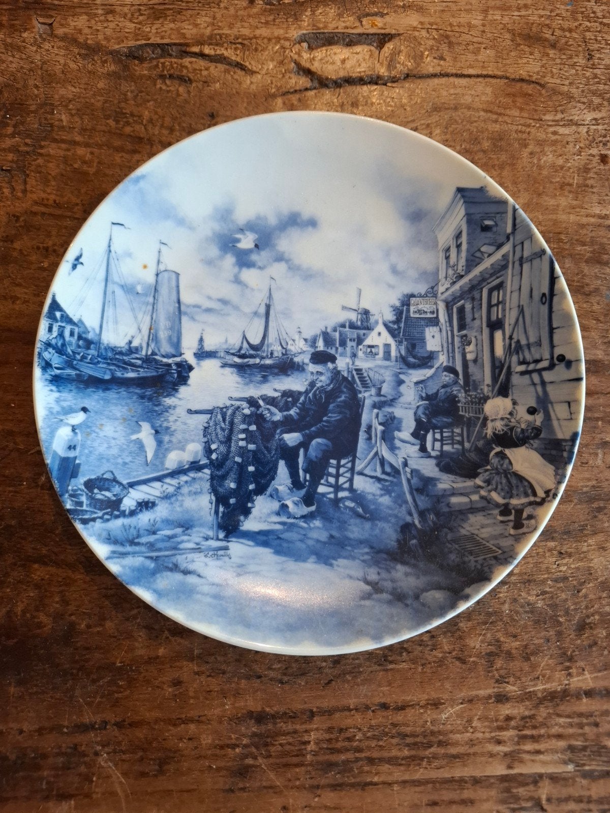 Delfts Blauw Wandbord - Vissersdorp Scène, Ophalen