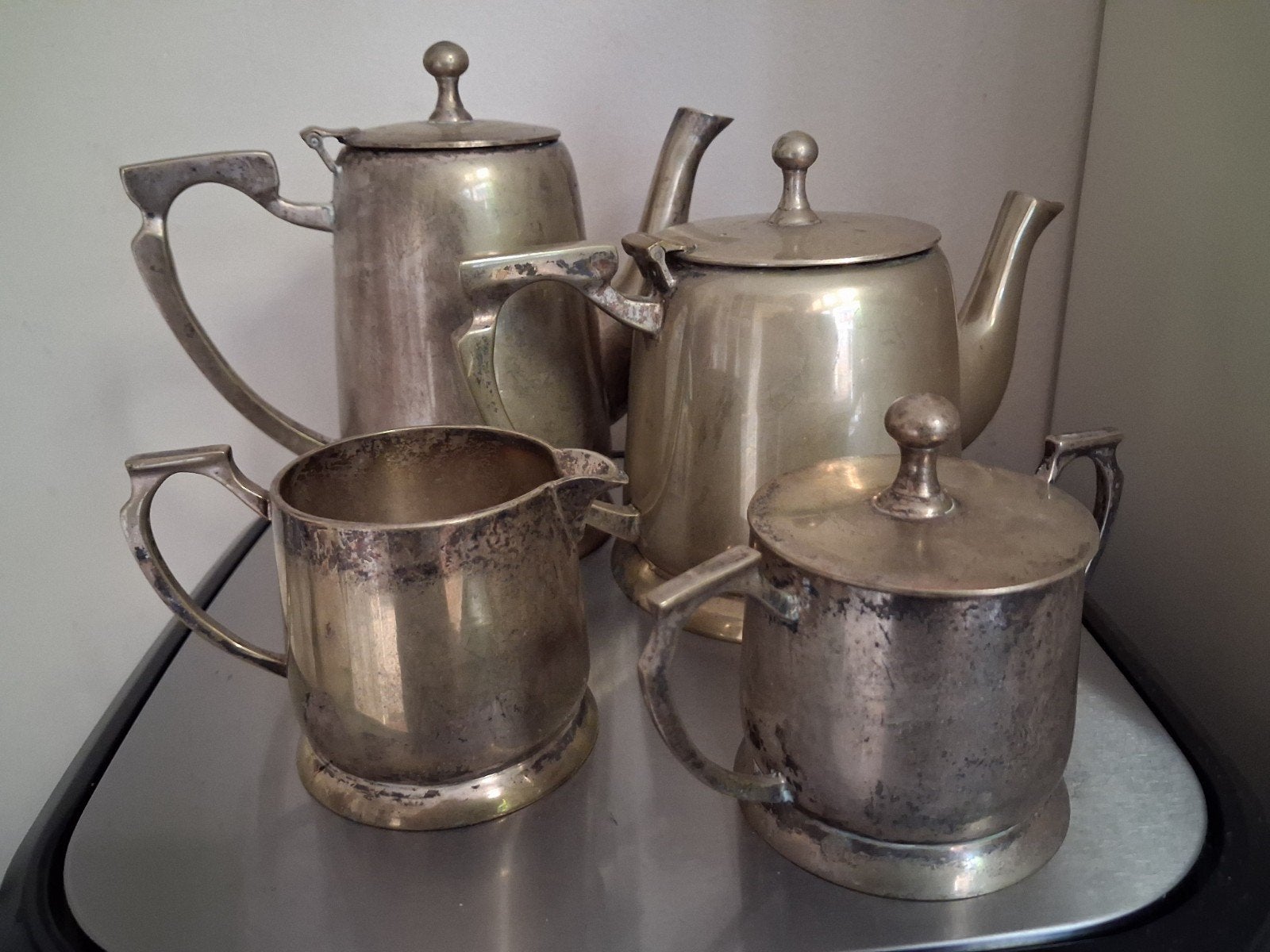 Antieke verzilverde theeset (4 stuks), Ophalen of Verzenden