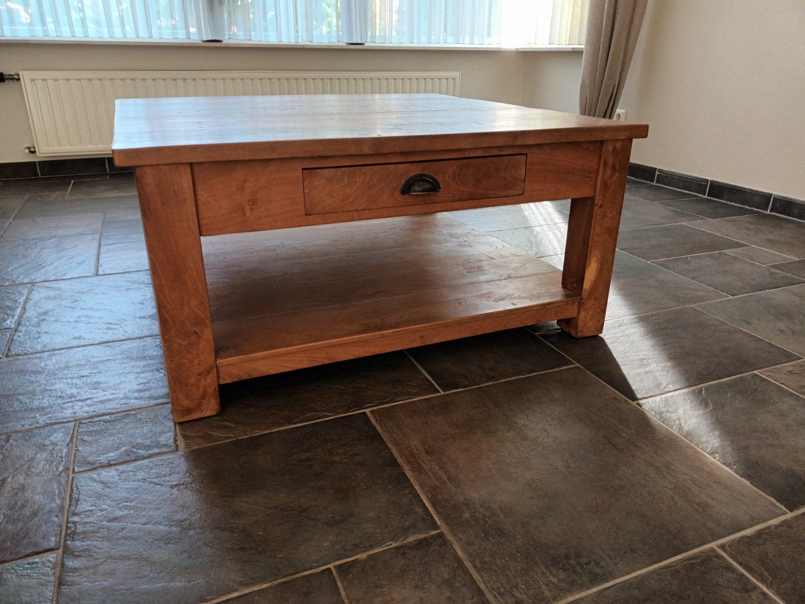 Teakhouten salontafel 100x100x47 cm met lade, Ophalen, Gebruikt, 50 tot 100 cm, Vierkant