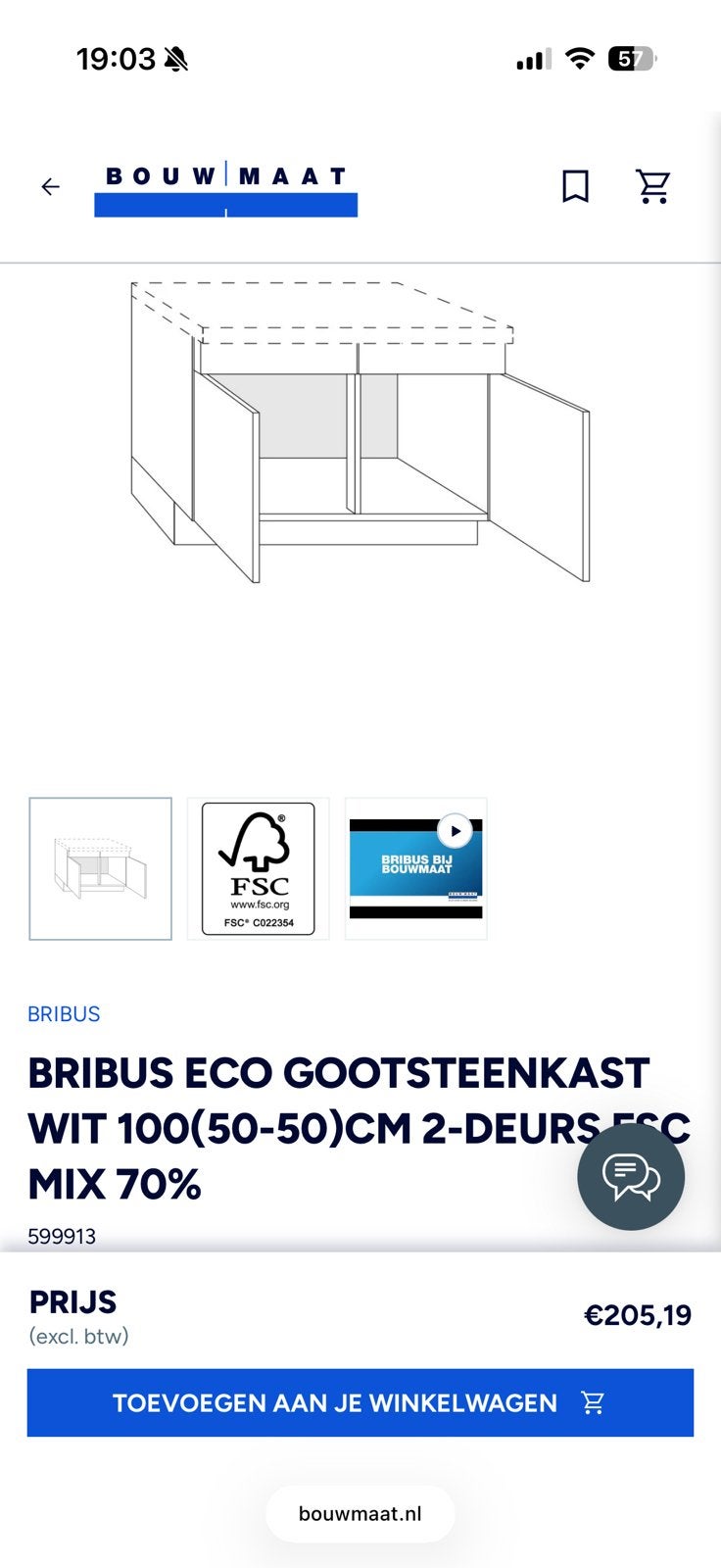 BRIBUS gootsteenkast wit 100 (50-50), Ophalen, Zo goed als nieuw, Eenpersoons, Hoogslaper