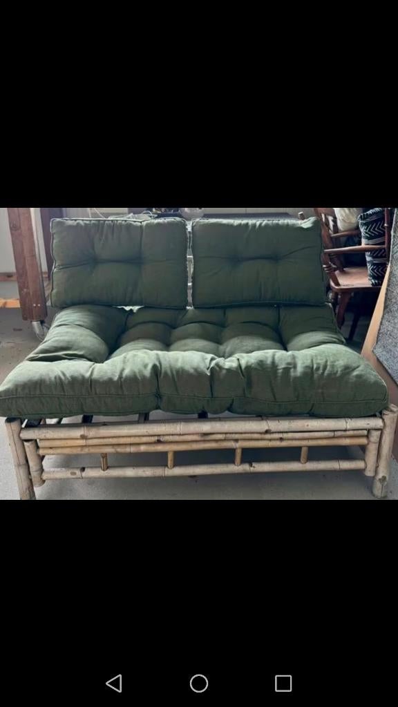 Tuinbank loungebank bamboe bank met mooie stevige kussens, Tuin en Terras, Tuinbanken, Ophalen, Zo goed als nieuw, Hout