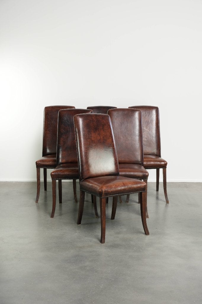 Karaktervolle set van 6 schapenleren eetkamerstoelen, Huis en Inrichting, Ophalen, Gebruikt, Bruin, Leer