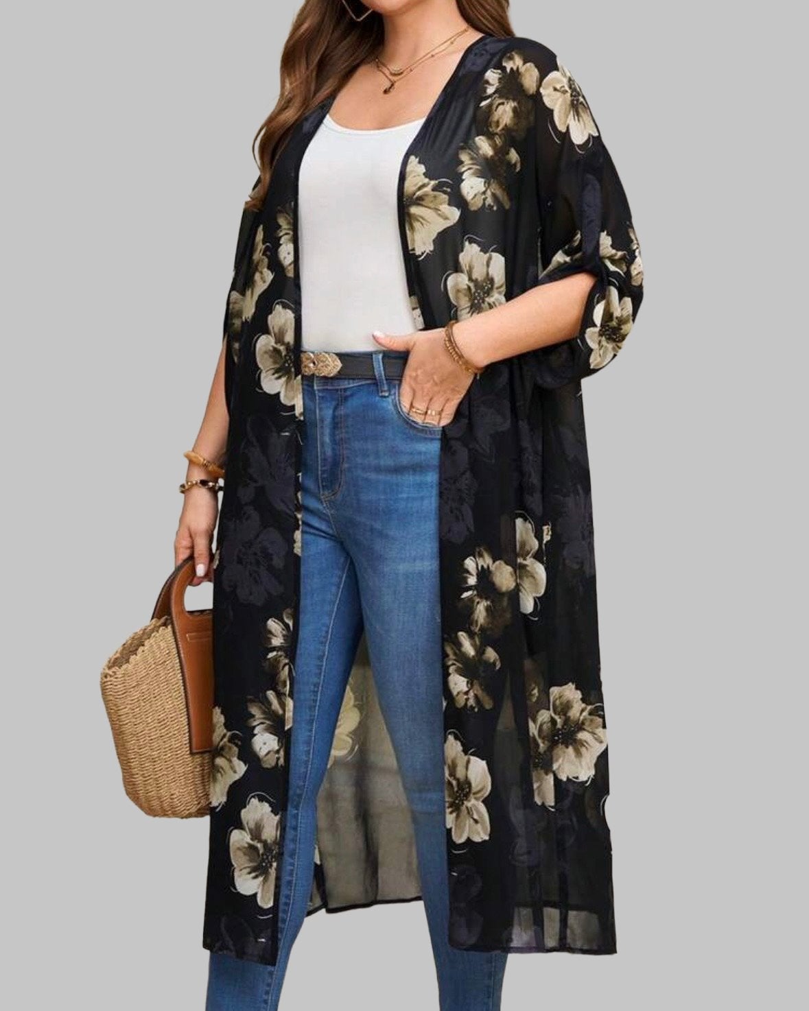 Lange Kimono met Bloemenprint - Zwart (46-54), Verzenden, Nieuw, Zwart, Trui of Vest