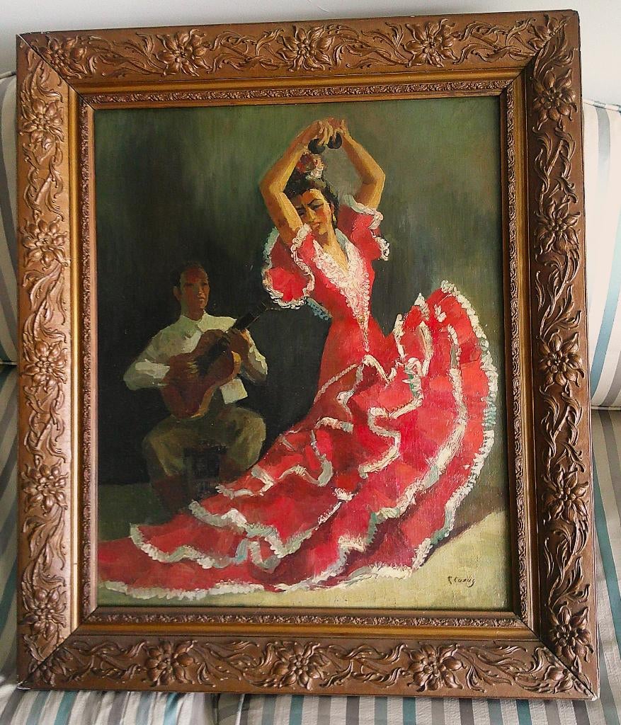 Flamenco danseres met gitarist - ges. C. Carus ??, Antiek en Kunst, Ophalen of Verzenden