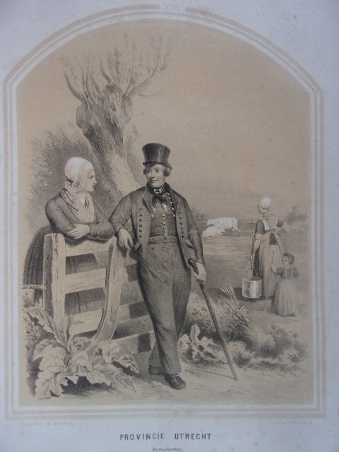 Klederdrachtprent Bing & Braet XXI Utrecht Bunschooten 1857, Dagelijks leven, Ophalen of Verzenden, Blanco verso, Lithografie