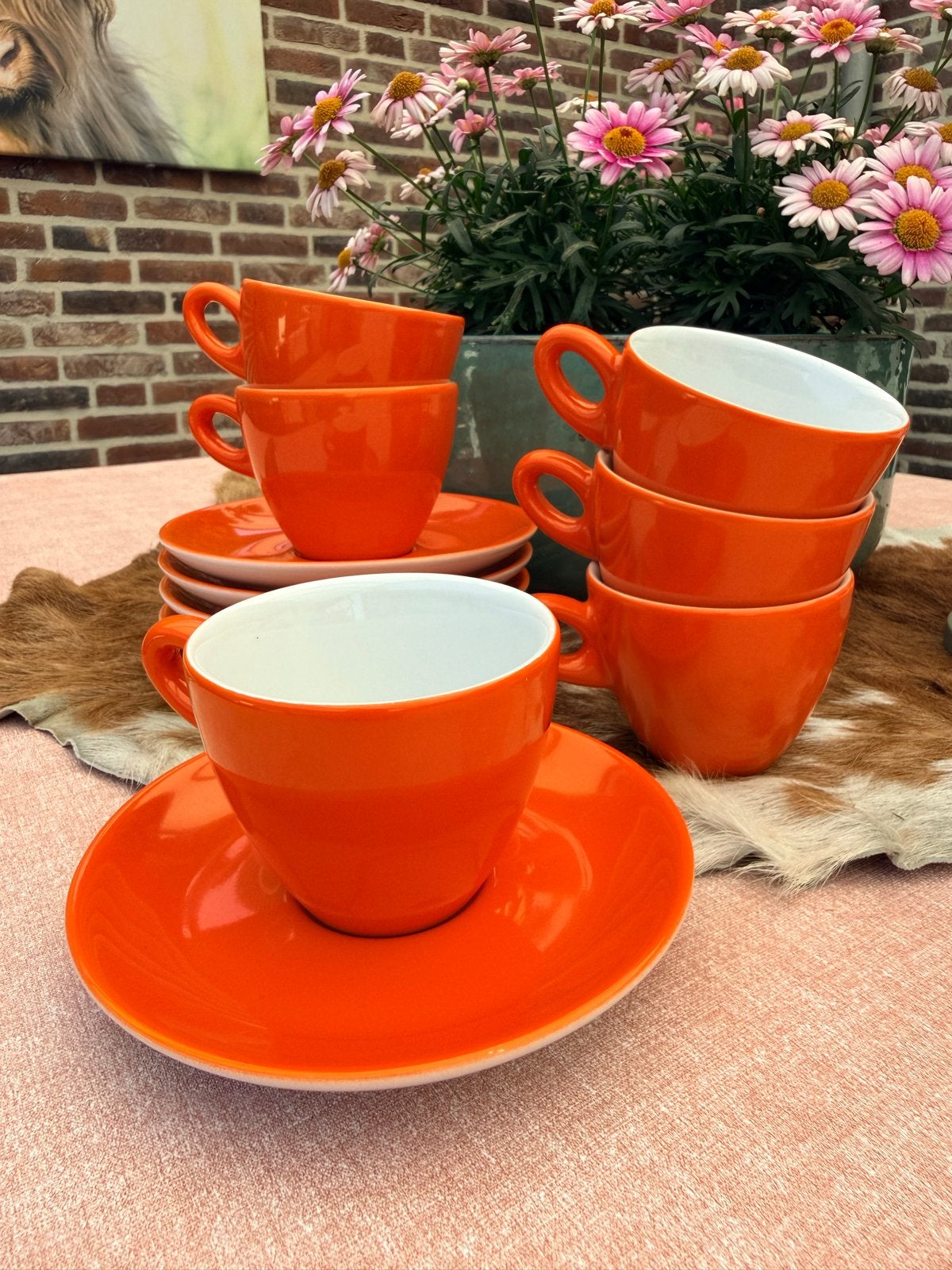 Set van 6 oranje Walküre kopjes en schotels, Huis en Inrichting, Keuken | Servies, Ophalen, Zo goed als nieuw, Overige stijlen
