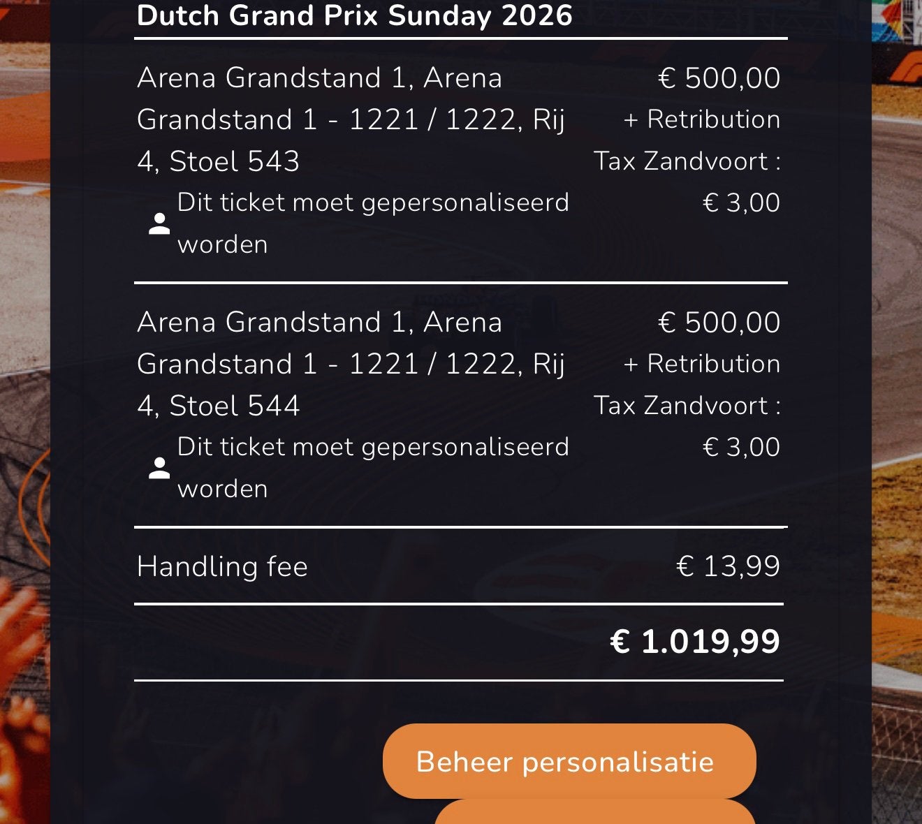 DUTCH GP - 2 tickets - zondag - Arena Grandstand 1!!!, Tickets en Kaartjes, Sport | Overige, Twee personen, Augustus